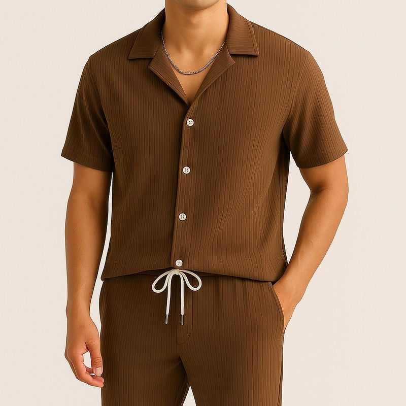 Men's Relaxed Textured Lounge Set Drawstring Trousers and Breathable Shirt