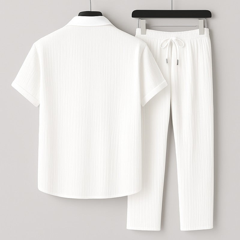 Men's Relaxed Textured Lounge Set Drawstring Trousers and Breathable Shirt