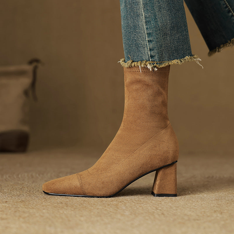 Women's Suede Ankle Boots – Sari Square Toe with Block Heel