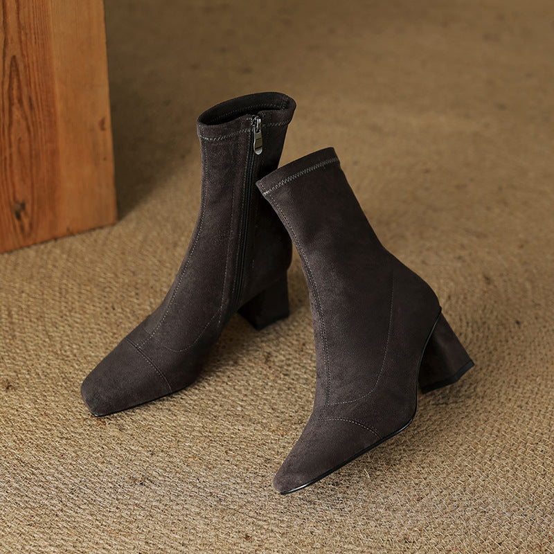 Women's Suede Ankle Boots – Sari Square Toe with Block Heel
