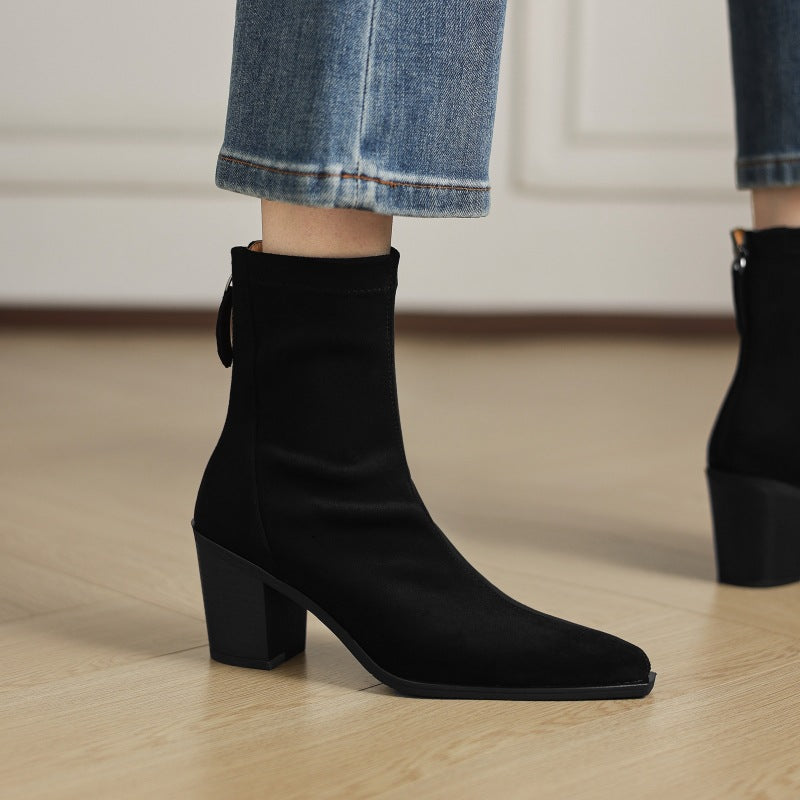 Women's Suede Mid Calf Boots – Sarli Pointed Toe with Block Heel