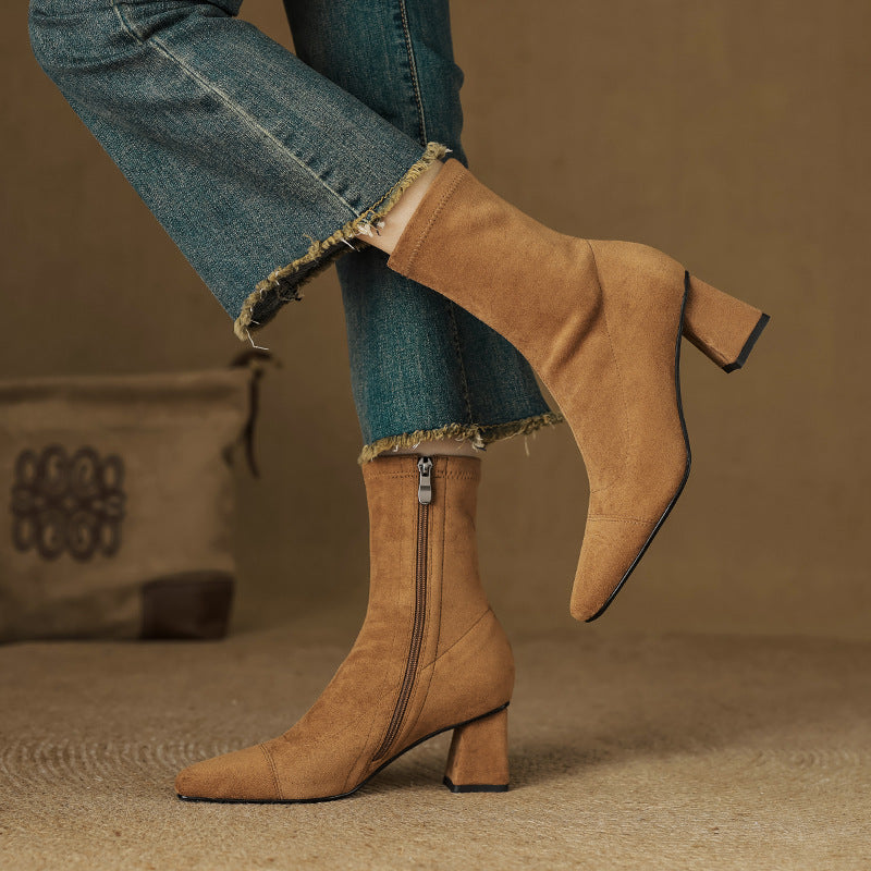 Women's Suede Ankle Boots – Sari Square Toe with Block Heel