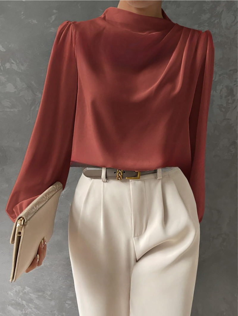 Women's Satin Funnel Neck Blouse in Coral