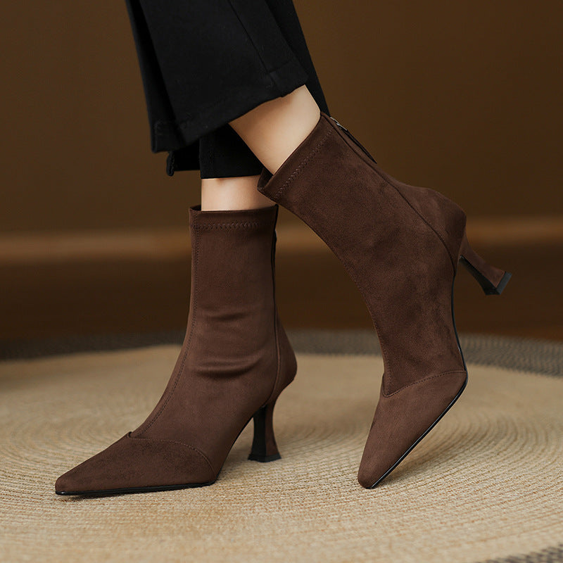 Women's Suede Ankle Boots – Corvella Pointed Toe with Slim Heel