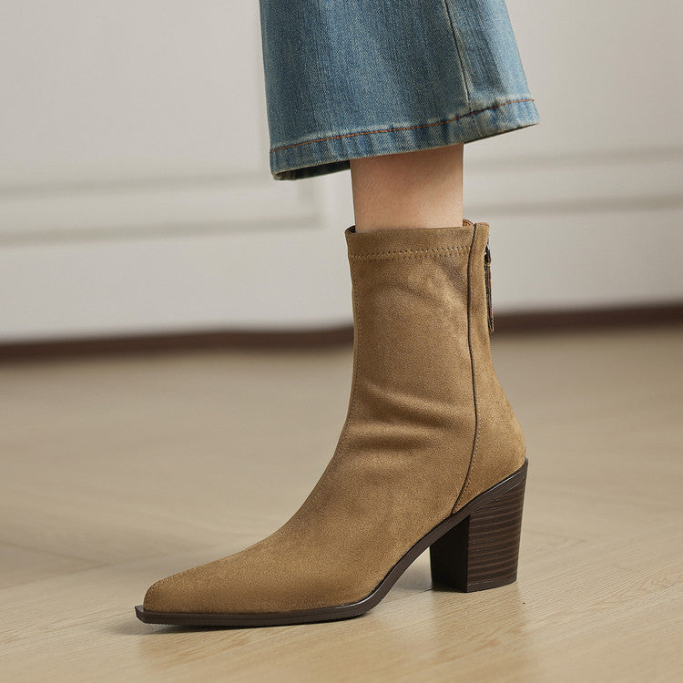 Women's Suede Mid Calf Boots – Sarli Pointed Toe with Block Heel