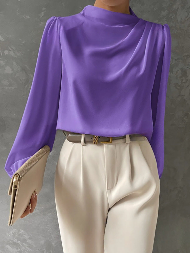 Women's Satin Funnel Neck Blouse in Violet