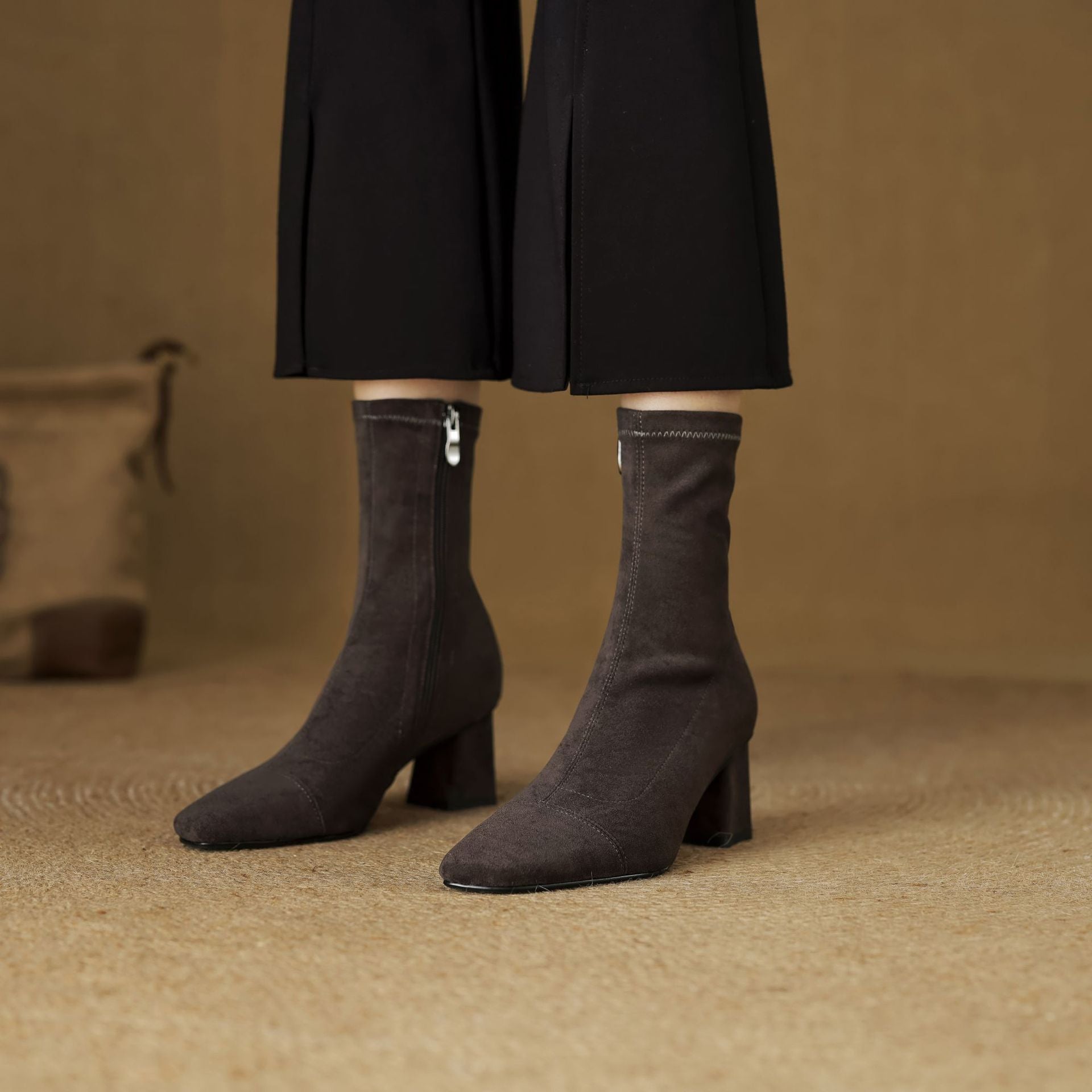 Women's Suede Ankle Boots – Sari Square Toe with Block Heel