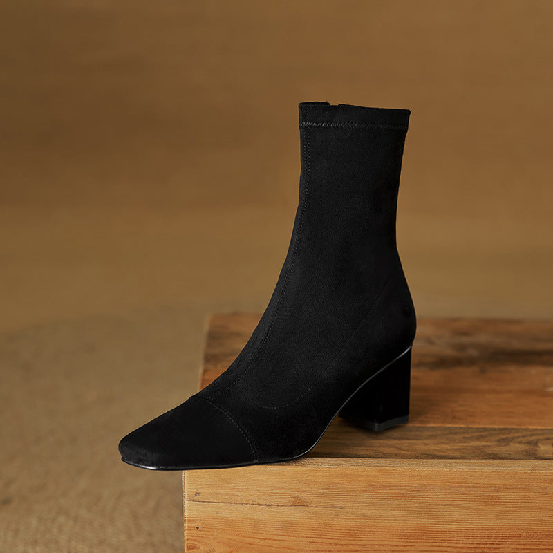 Women's Suede Ankle Boots – Sari Square Toe with Block Heel