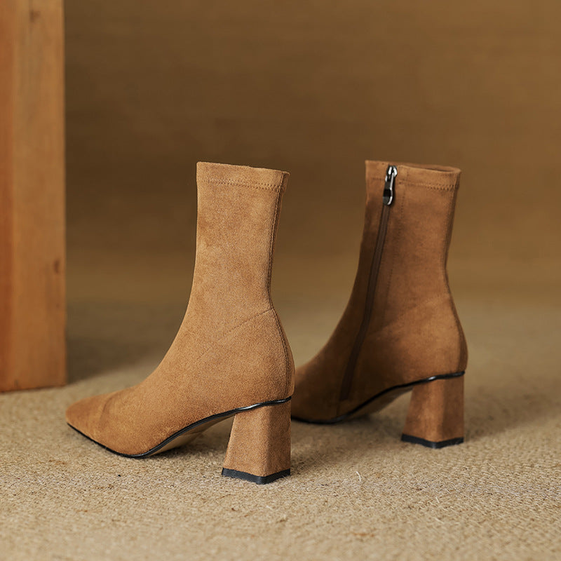 Women's Suede Ankle Boots – Sari Square Toe with Block Heel