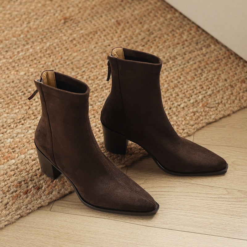 Women's Suede Mid Calf Boots – Sarli Pointed Toe with Block Heel