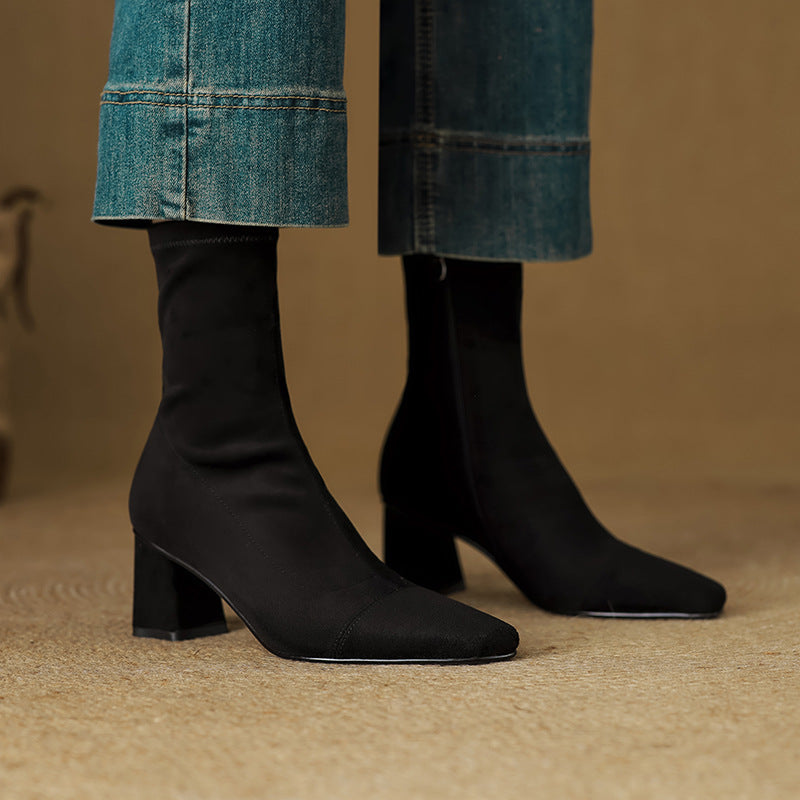 Women's Suede Ankle Boots – Sari Square Toe with Block Heel