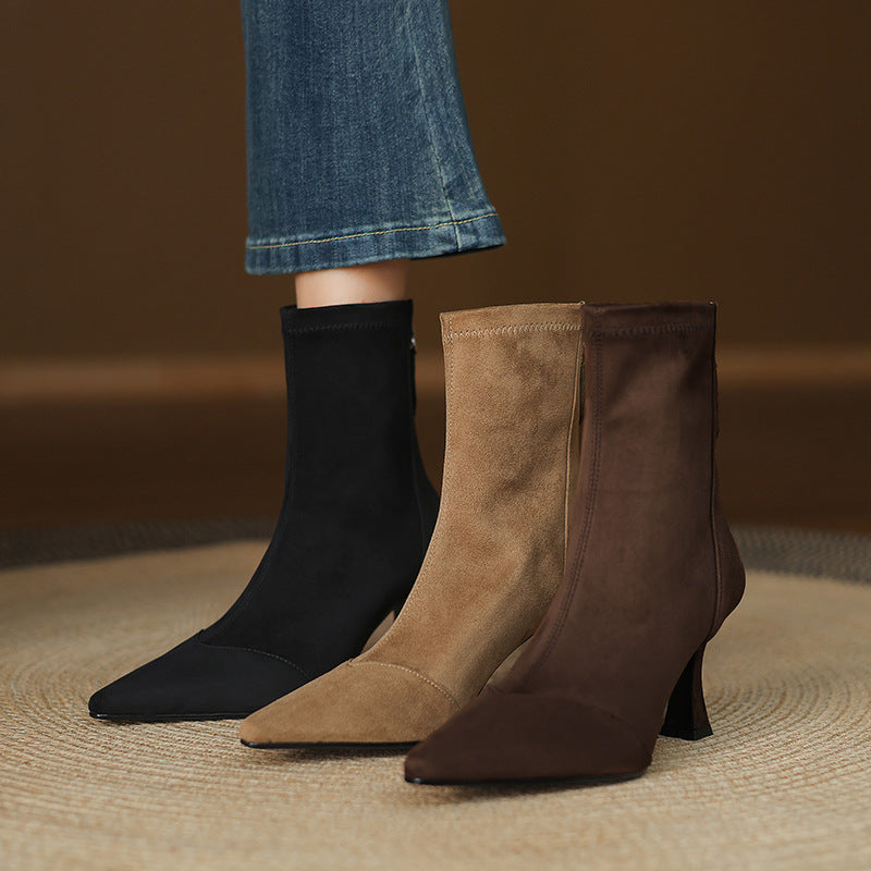 Women's Suede Ankle Boots – Corvella Pointed Toe with Slim Heel