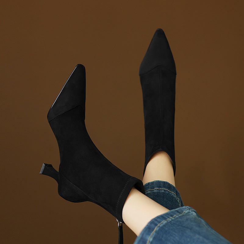 Women's Suede Ankle Boots – Corvella Pointed Toe with Slim Heel