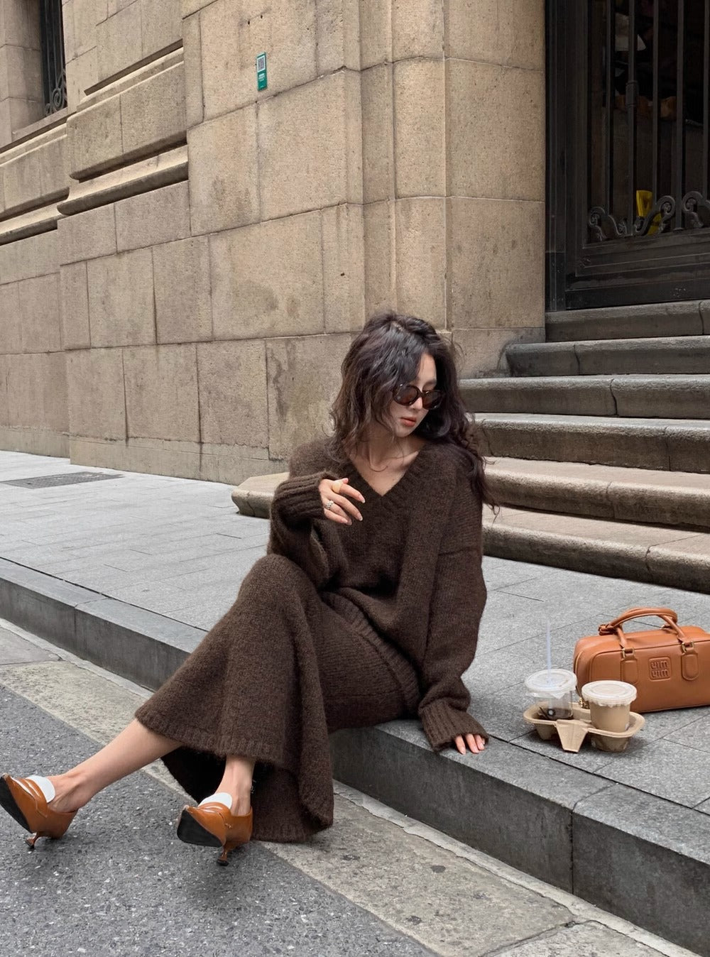Women's Knitted Co-ord Set in brown, view 4