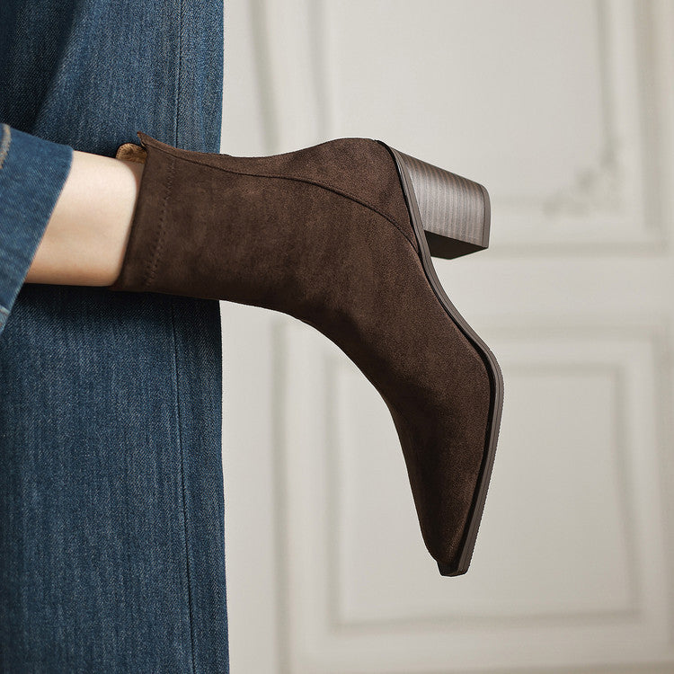 Women's Suede Mid Calf Boots – Sarli Pointed Toe with Block Heel
