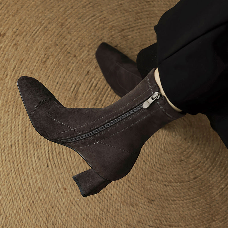 Women's Suede Ankle Boots – Sari Square Toe with Block Heel
