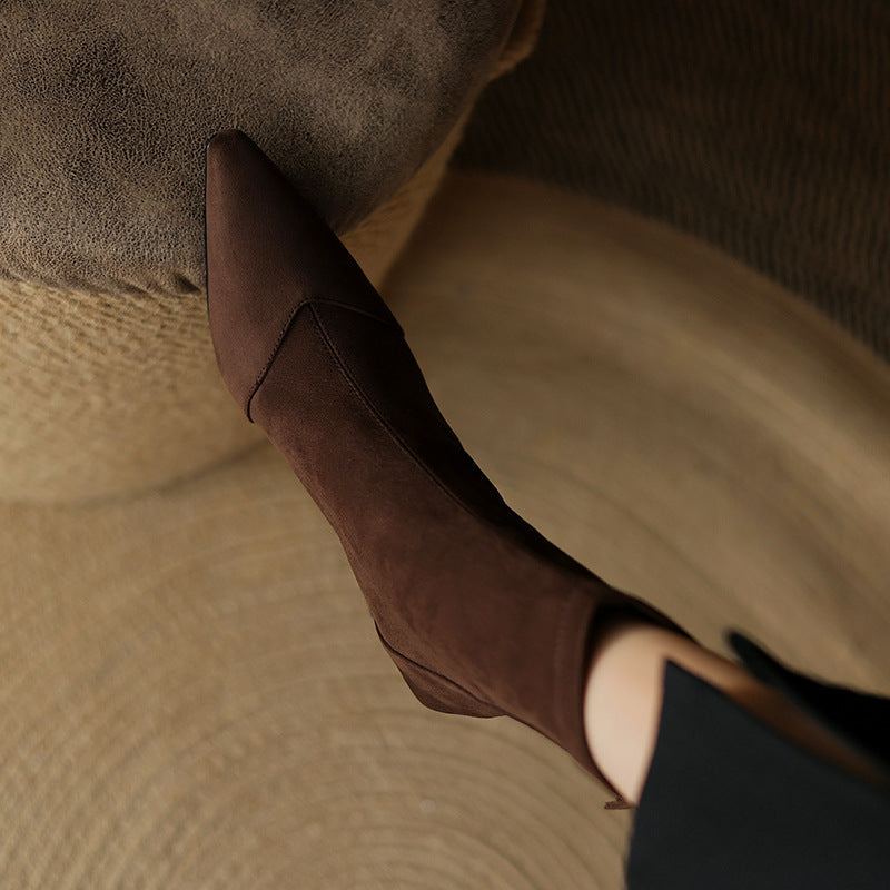 Women's Suede Ankle Boots – Corvella Pointed Toe with Slim Heel