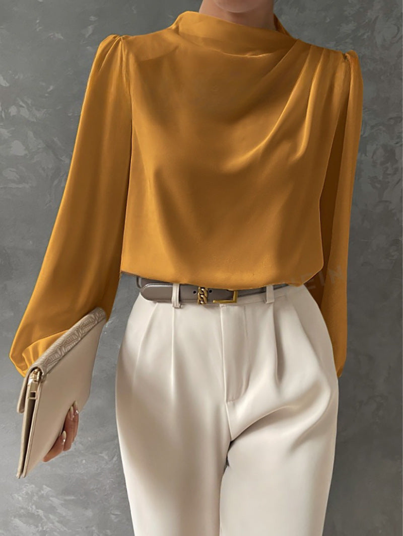 Women's Satin Funnel Neck Blouse in Yellow