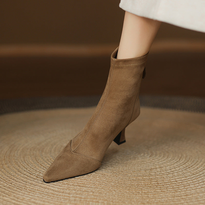 Women's Suede Ankle Boots – Corvella Pointed Toe with Slim Heel