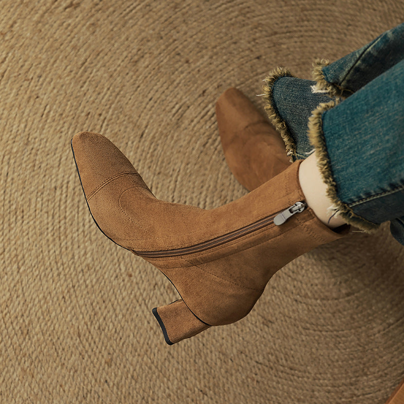 Women's Suede Ankle Boots – Sari Square Toe with Block Heel