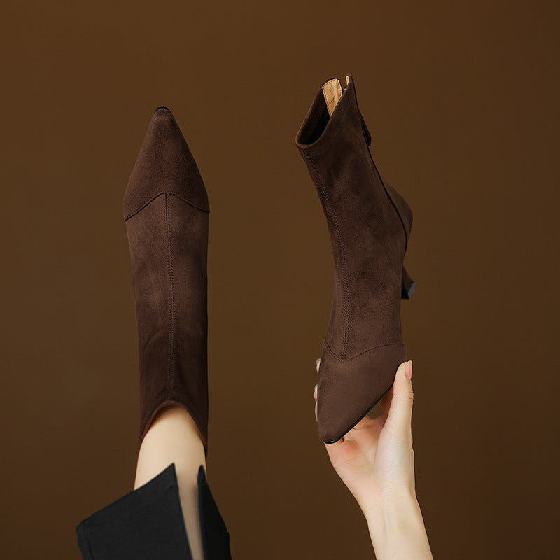 Women's Suede Ankle Boots – Corvella Pointed Toe with Slim Heel