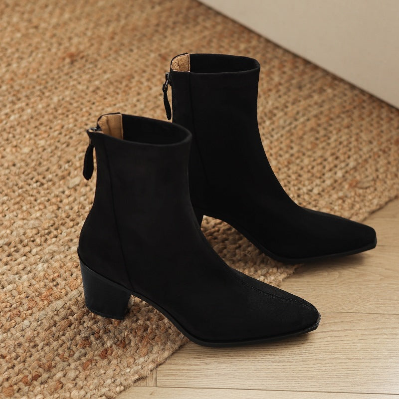 Women's Suede Mid Calf Boots – Sarli Pointed Toe with Block Heel