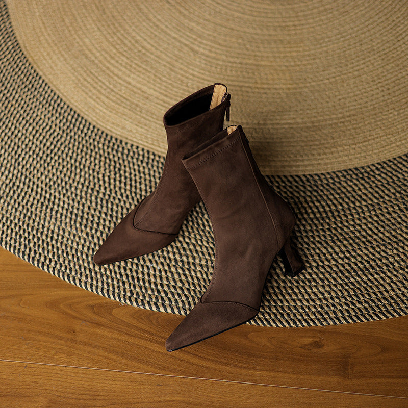 Women's Suede Ankle Boots – Corvella Pointed Toe with Slim Heel