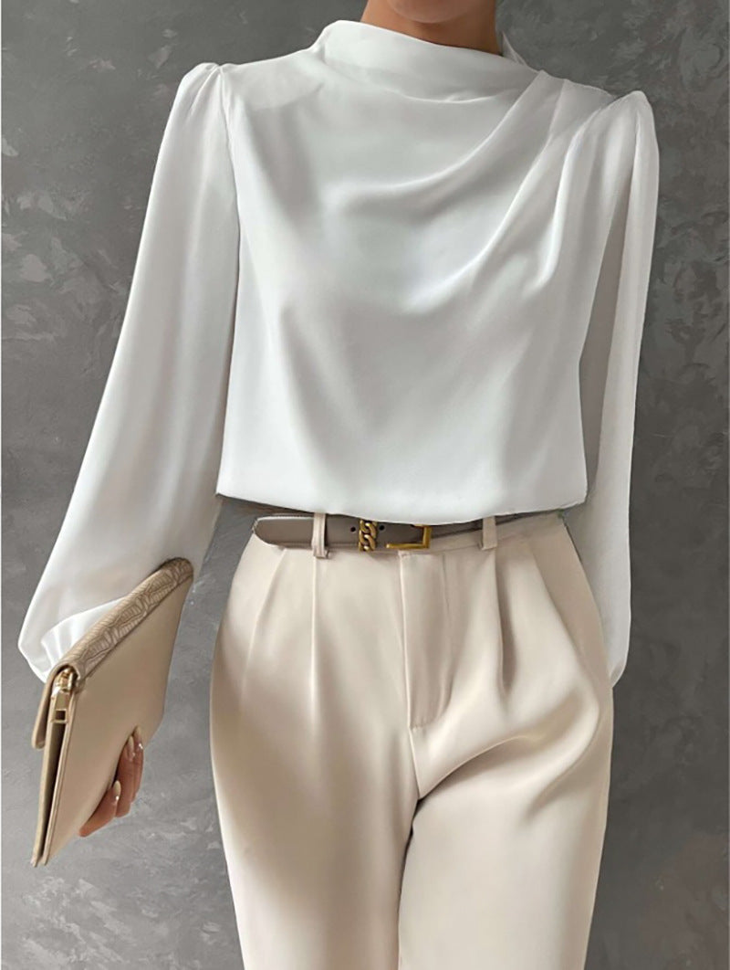 Women's Satin Funnel Neck Blouse in White