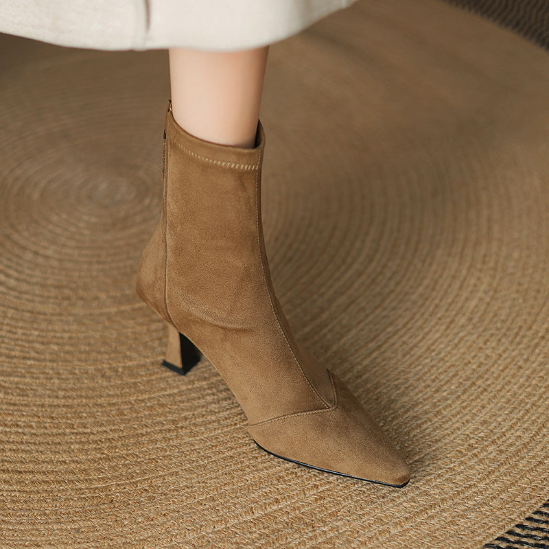 Women's Suede Ankle Boots – Corvella Pointed Toe with Slim Heel