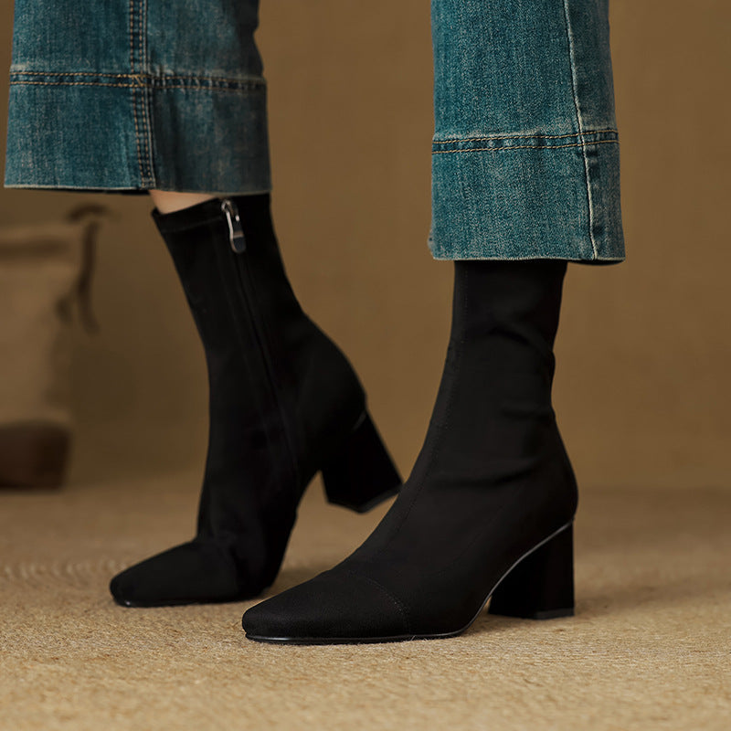 Women's Suede Ankle Boots – Sari Square Toe with Block Heel