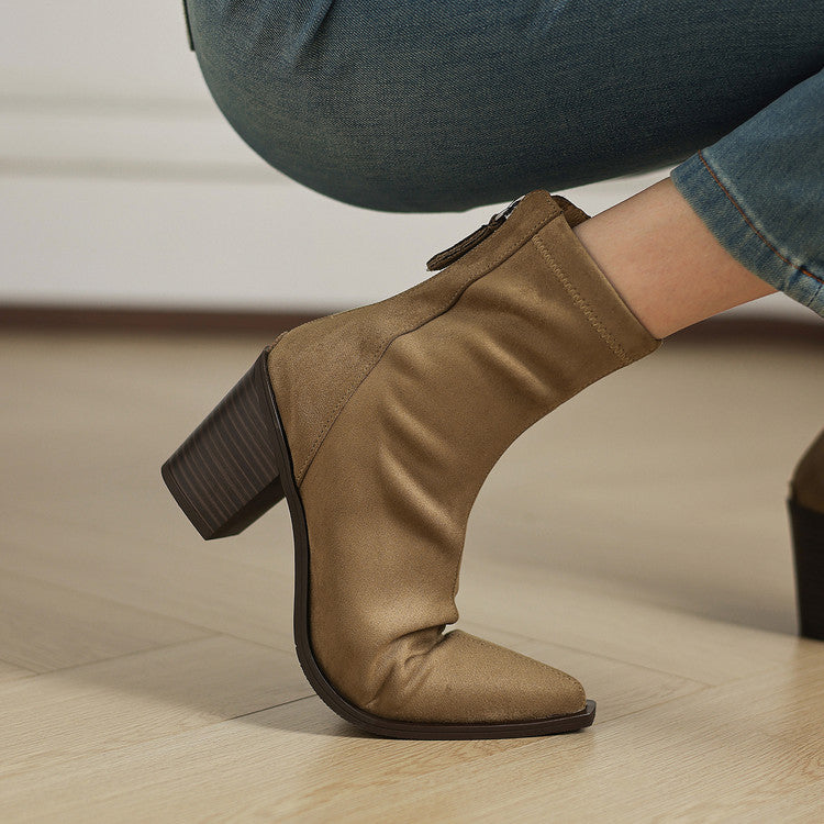 Women's Suede Mid Calf Boots – Sarli Pointed Toe with Block Heel
