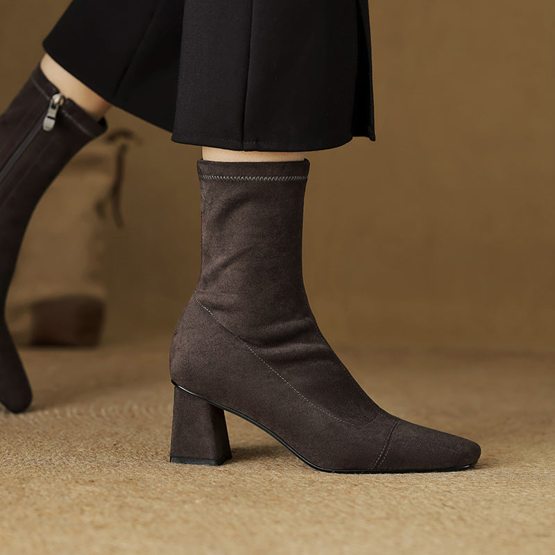 Women's Suede Ankle Boots – Sari Square Toe with Block Heel