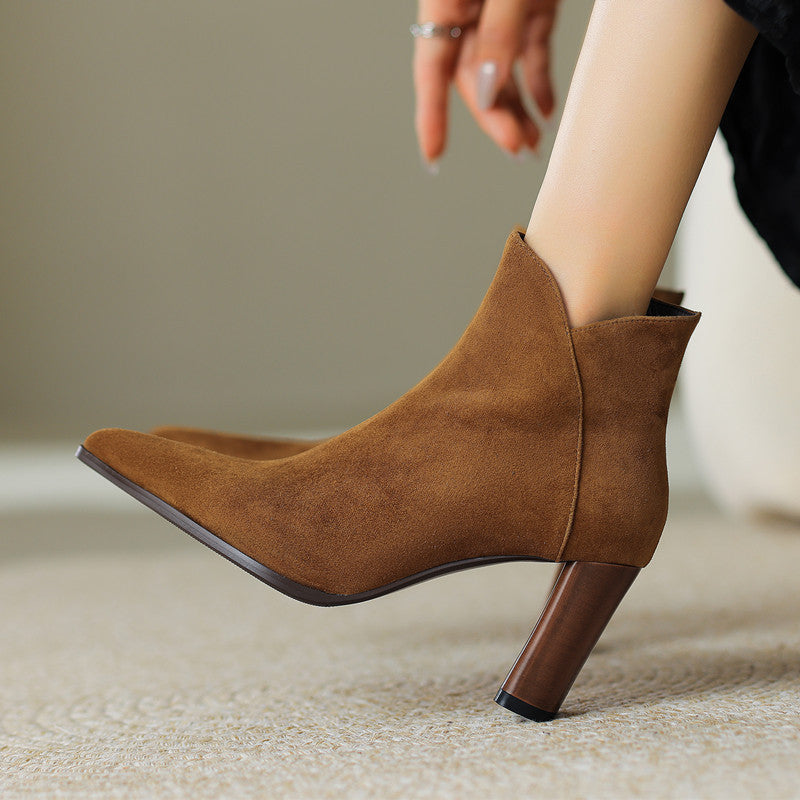 Women's Suede Ankle Boots – Verlune Pointed Toe with Block Heel