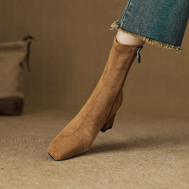 Women's Suede Ankle Boots – Sari Square Toe with Block Heel
