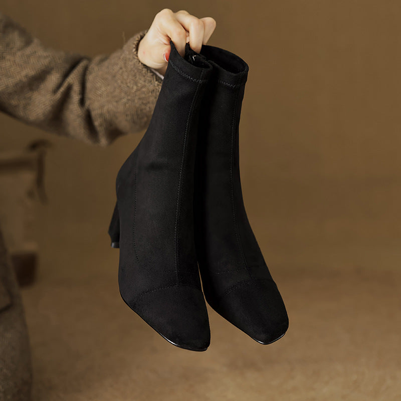 Women's Suede Ankle Boots – Sari Square Toe with Block Heel