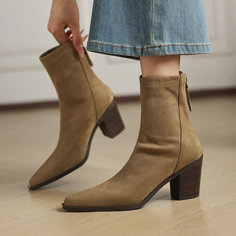 Women's Suede Mid Calf Boots – Sarli Pointed Toe with Block Heel