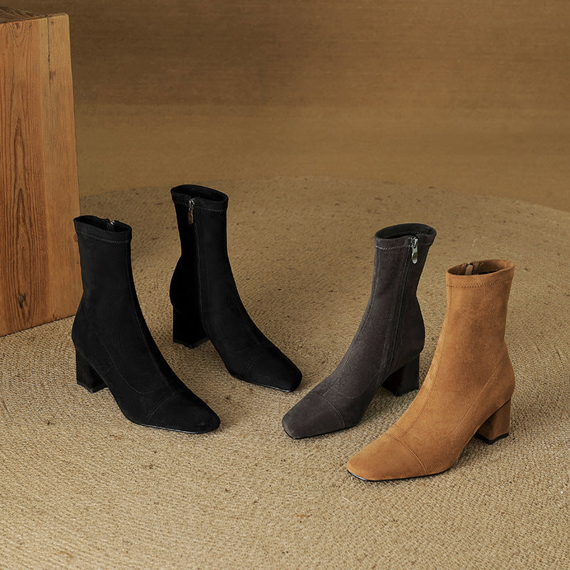 Women's Suede Ankle Boots – Sari Square Toe with Block Heel