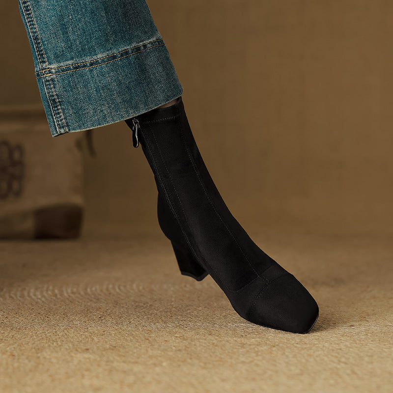 Women's Suede Ankle Boots – Sari Square Toe with Block Heel