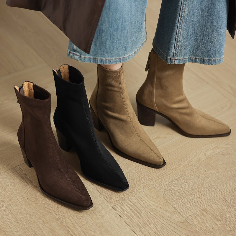 Women's Suede Mid Calf Boots – Sarli Pointed Toe with Block Heel