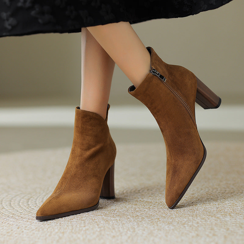 Women's Suede Ankle Boots – Verlune Pointed Toe with Block Heel
