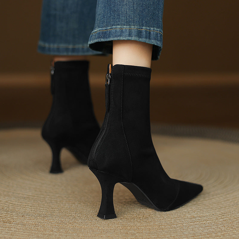 Women's Suede Ankle Boots – Corvella Pointed Toe with Slim Heel