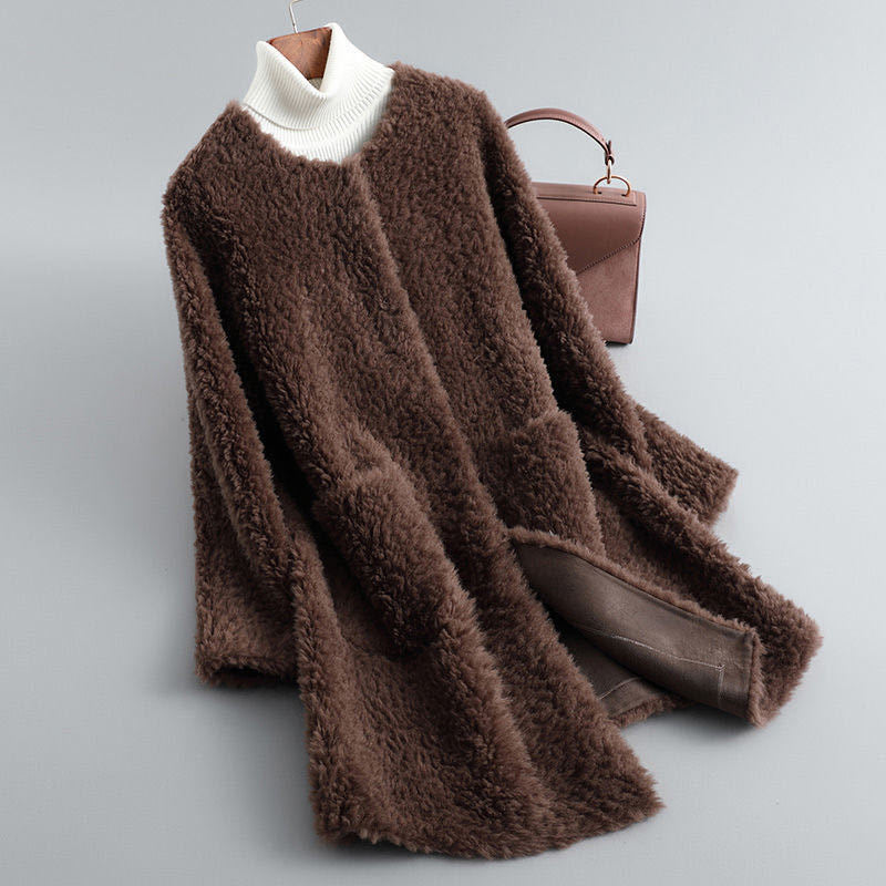 Women's Teddy Coat – Celeste Collarless Longline Faux Shearling Coat