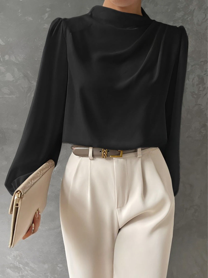 Women's Satin Funnel Neck Blouse in Black