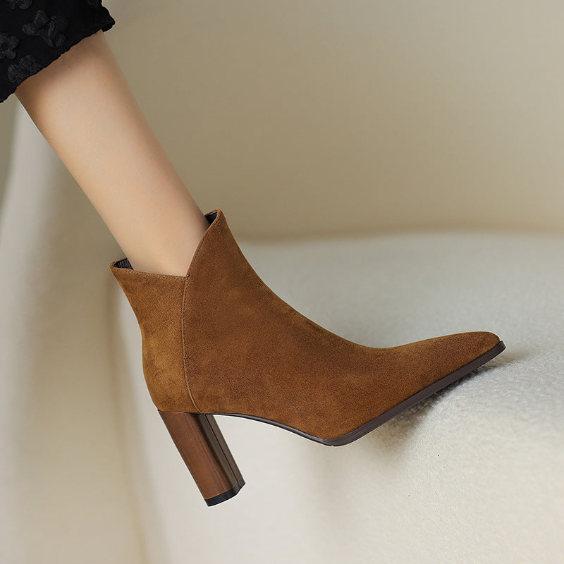 Women's Suede Ankle Boots – Verlune Pointed Toe with Block Heel