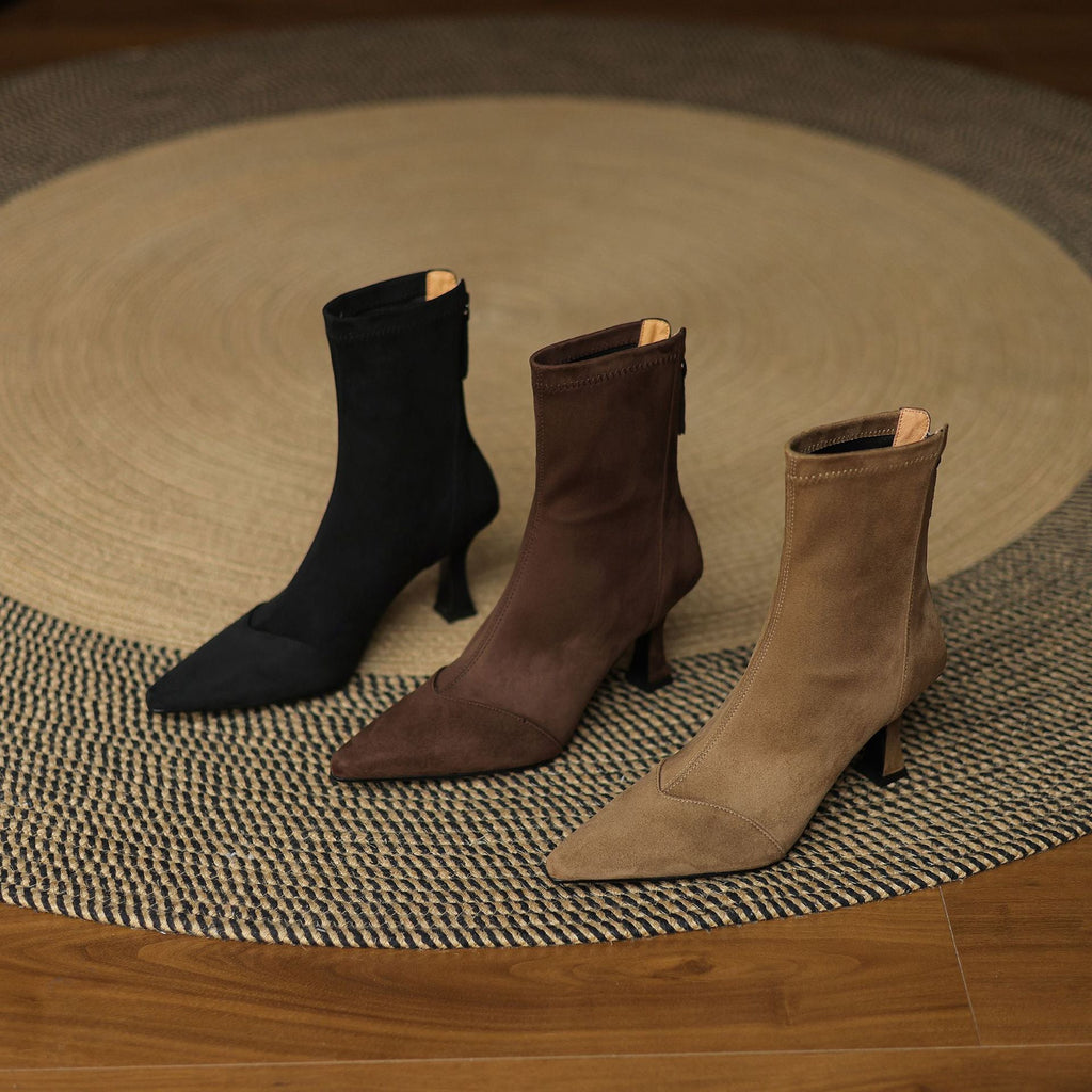 Women's Suede Ankle Boots – Corvella Pointed Toe with Slim Heel
