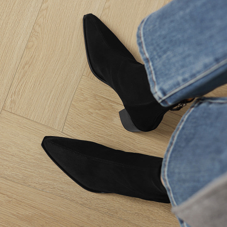 Women's Suede Mid Calf Boots – Sarli Pointed Toe with Block Heel