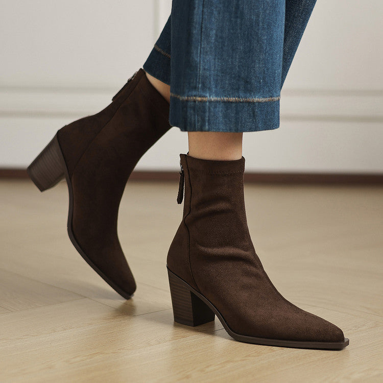 Women's Suede Mid Calf Boots – Sarli Pointed Toe with Block Heel