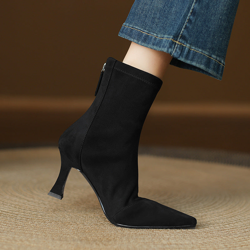 Women's Suede Ankle Boots – Corvella Pointed Toe with Slim Heel
