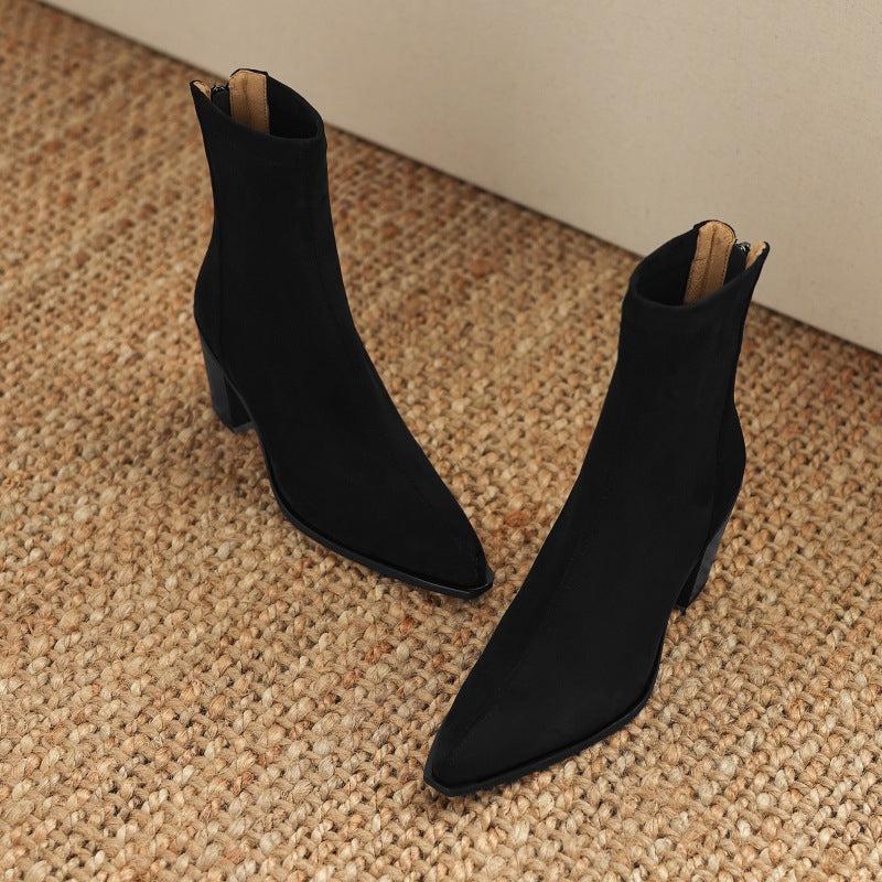 Women's Suede Mid Calf Boots – Sarli Pointed Toe with Block Heel