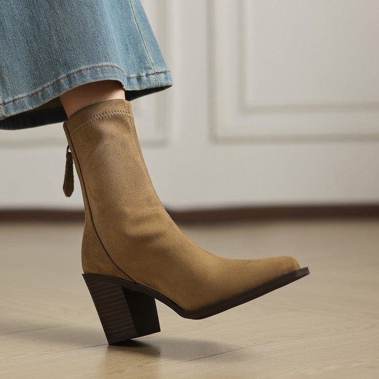 Women's Suede Mid Calf Boots – Sarli Pointed Toe with Block Heel